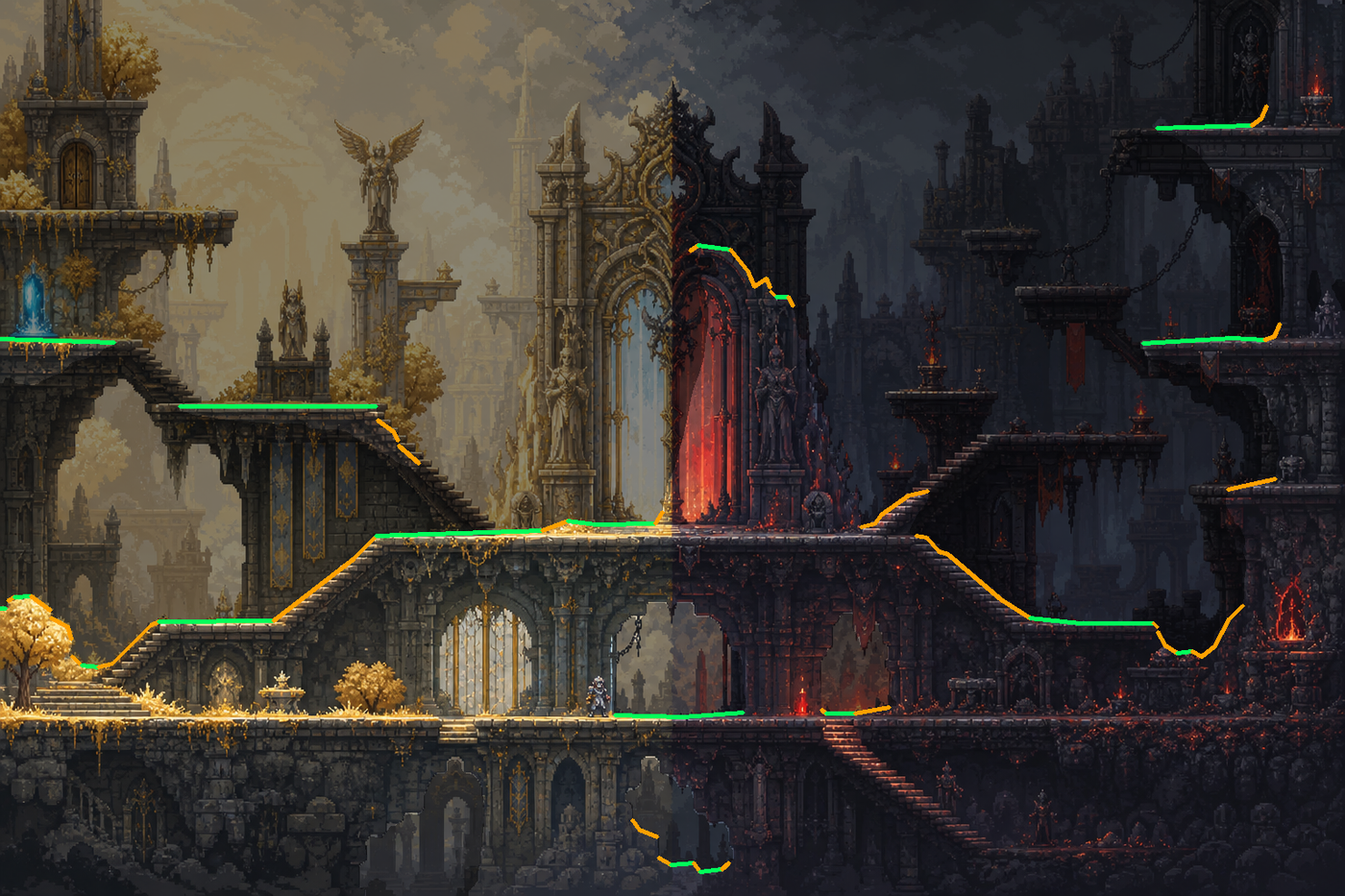 A scene with auto-generated collision geometry overlaid